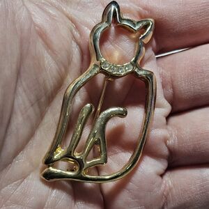 Vintage AAI Cat Kitten Brooch/Pin Gold Tone Metal W/ Clear Rhinestone Accents